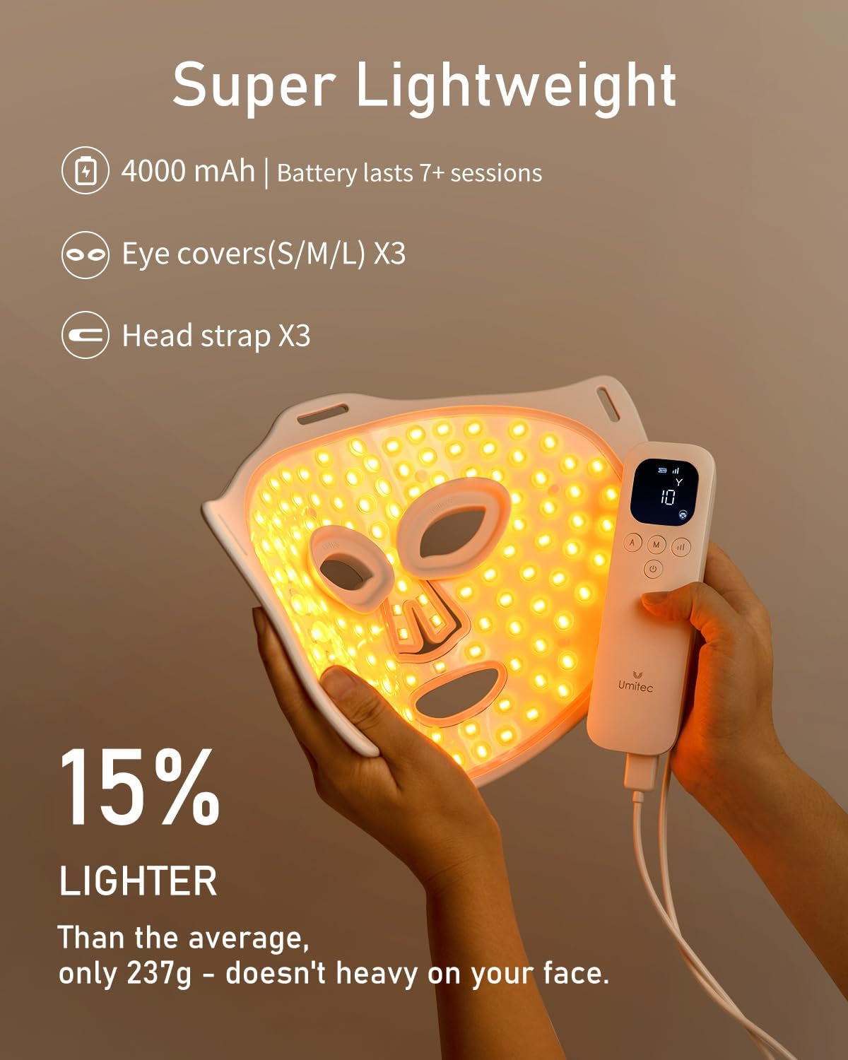 LED Face Mask, Red Light Therapy Mask, Five Modes Blue Light Therpay, Face Zone Maping, Remote Control, 4000Mah, Storage Bag, Head Strap, Eye Pads(S/M/L), Gift for Wife, Girls(White)