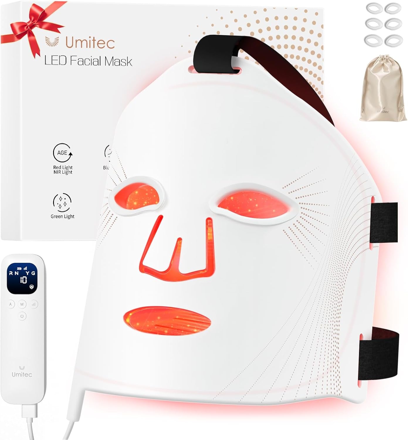 LED Face Mask, Red Light Therapy Mask, Five Modes Blue Light Therpay, Face Zone Maping, Remote Control, 4000Mah, Storage Bag, Head Strap, Eye Pads(S/M/L), Gift for Wife, Girls(White)