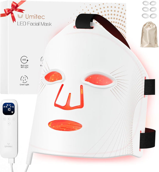 LED Face Mask, Red Light Therapy Mask, Five Modes Blue Light Therpay, Face Zone Maping, Remote Control, 4000Mah, Storage Bag, Head Strap, Eye Pads(S/M/L), Gift for Wife, Girls(White)