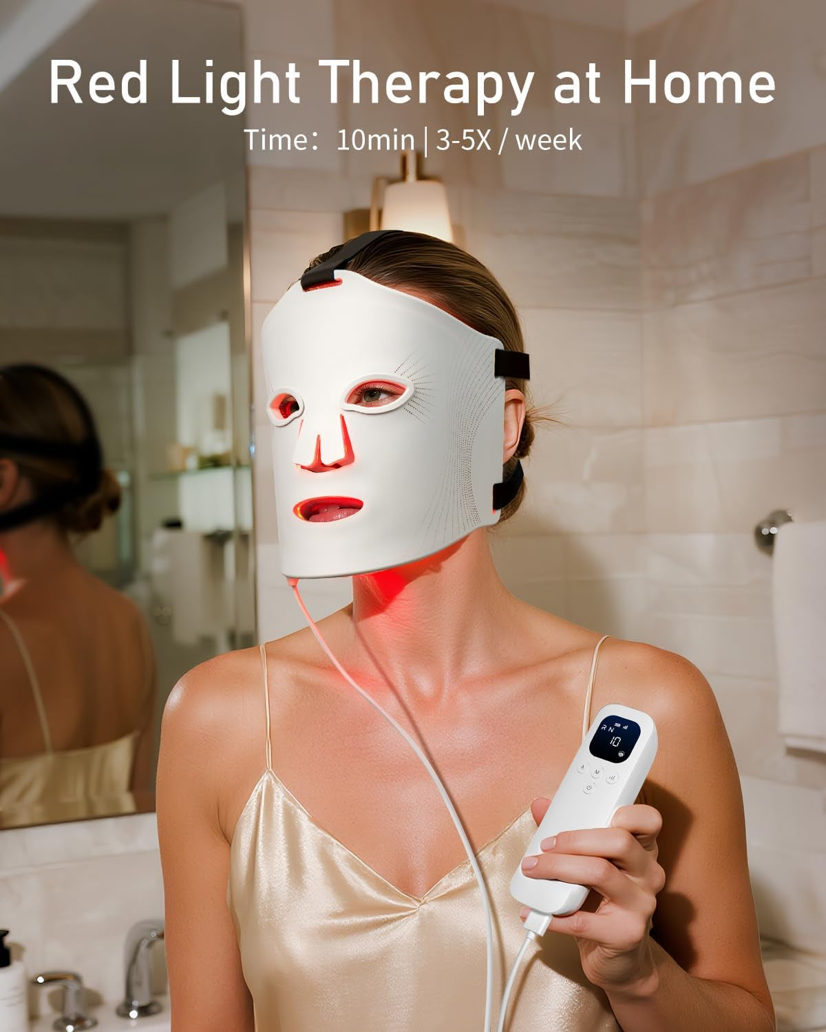 LED Face Mask, Red Light Therapy Mask, Five Modes Blue Light Therpay, Face Zone Maping, Remote Control, 4000Mah, Storage Bag, Head Strap, Eye Pads(S/M/L), Gift for Wife, Girls(White)