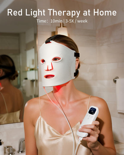 LED Face Mask, Red Light Therapy Mask, Five Modes Blue Light Therpay, Face Zone Maping, Remote Control, 4000Mah, Storage Bag, Head Strap, Eye Pads(S/M/L), Gift for Wife, Girls(White)